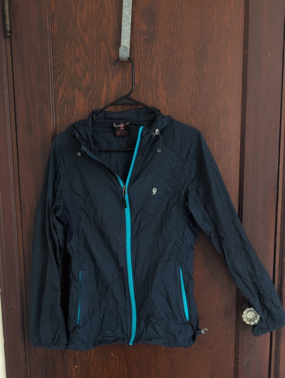 Women's Navy Hooded Utility Jacket with Teal Zip Accents Camping Outdoor Packabl
